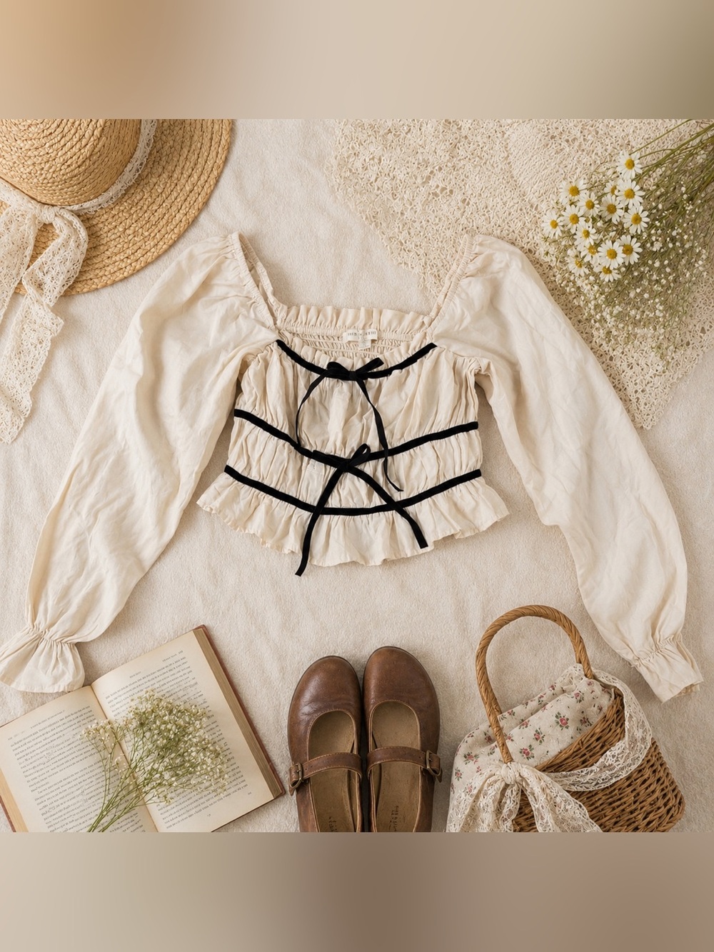 Thirty Thirty LA Cream Puff Sleeve Crop Top S Velvet Trim Bows Cottagecore